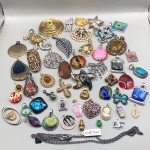 Huge bundle lot 49 pendants variety craft or wear, free Park Lane chain necklace